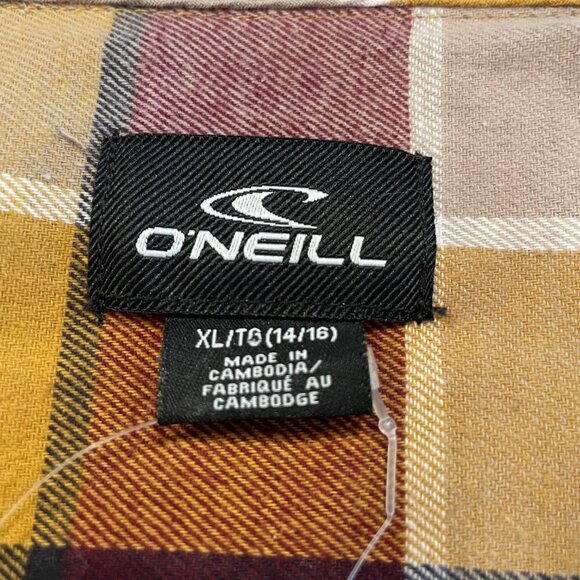 O'Neill Button Down LS 100% Cotton Check Shirt Burgundy Wht Tan Gold Sz S/M NWT - Picture 7 of 12